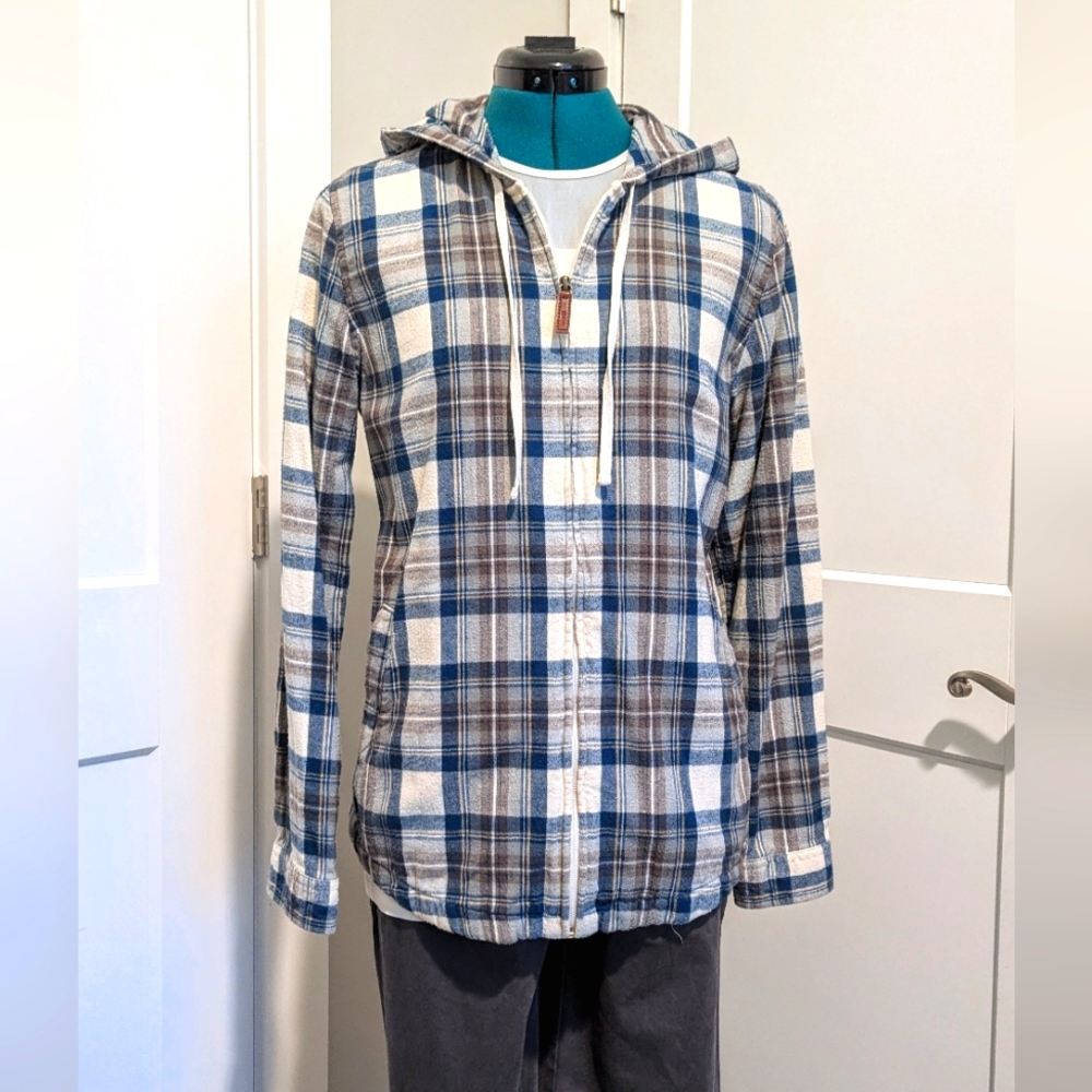 L.L. Bean women's hooded flannel jacket 100% cotton zip up plaid size small tall